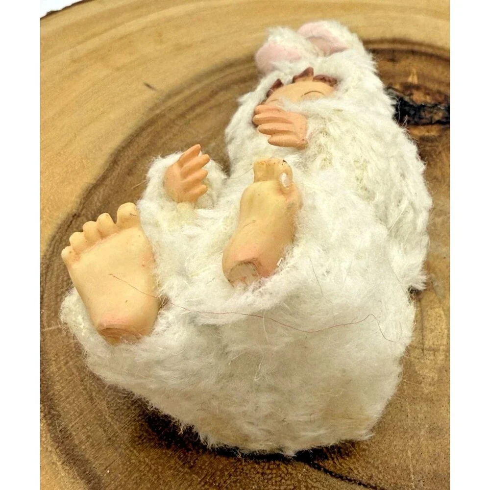2 Vintage Miniature Porcelain Doll  in Fuzzy Fabric Bunny Costume 4